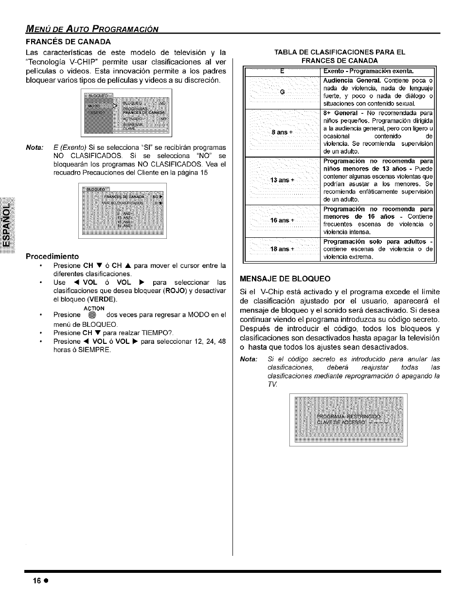 Frances de canada, Procedimiento, Mensaje de bloqueo | Panasonic CT-32G8 User Manual | Page 36 / 45