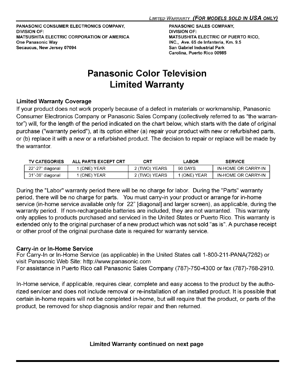 Limited warranty coverage, Carry-in or in-home service, Panasonic color television limited warranty | Panasonic CT-32G8 User Manual | Page 40 / 45
