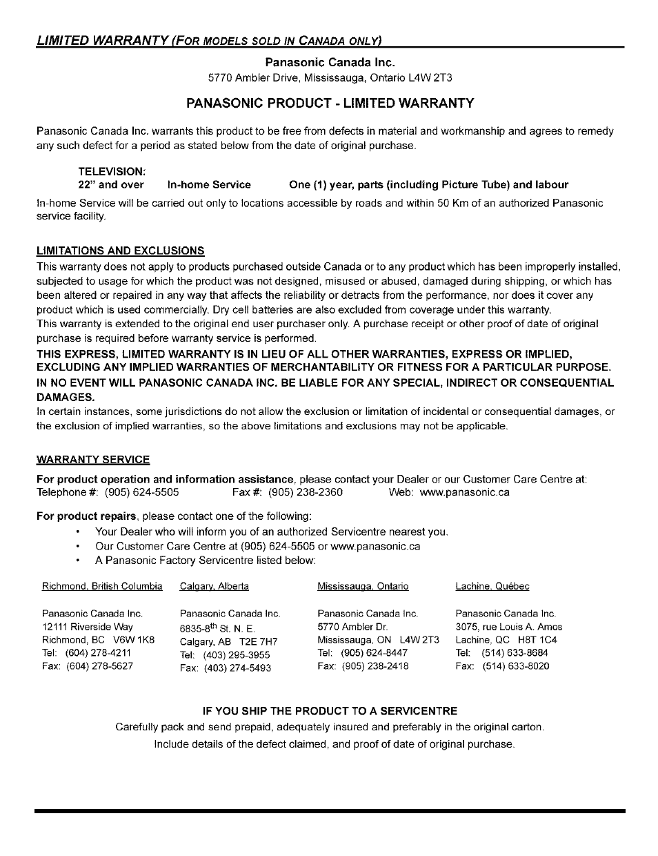 Panasonic product - limited warranty, Limitations and exclusions, Warranty service | If you ship the product to a servicentre | Panasonic CT-32G8 User Manual | Page 43 / 45