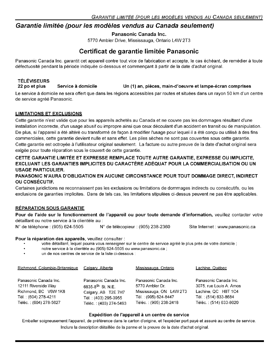 Téléviseurs, Expédition de l'appareil à un centre de service, Certificat de garantie limitée panasonic | Panasonic CT-32G8 User Manual | Page 44 / 45