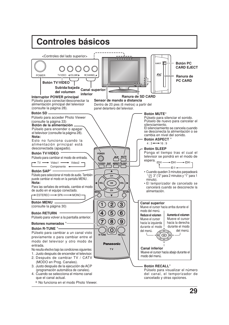 Controles basicos, Controles básicos | Panasonic TC 20LB30 User Manual | Page 29 / 36