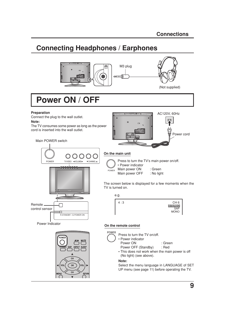 Connecting headphones / earphones, Power on / off, Connections | Panasonic TC 20LB30 User Manual | Page 9 / 36