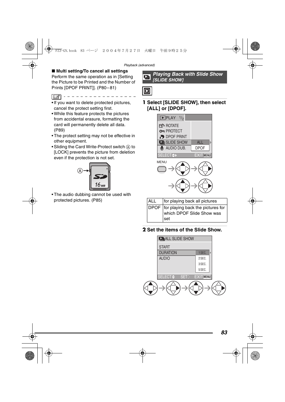 Playing back with slide show | Panasonic DMC-FZ3GN User Manual | Page 83 / 112