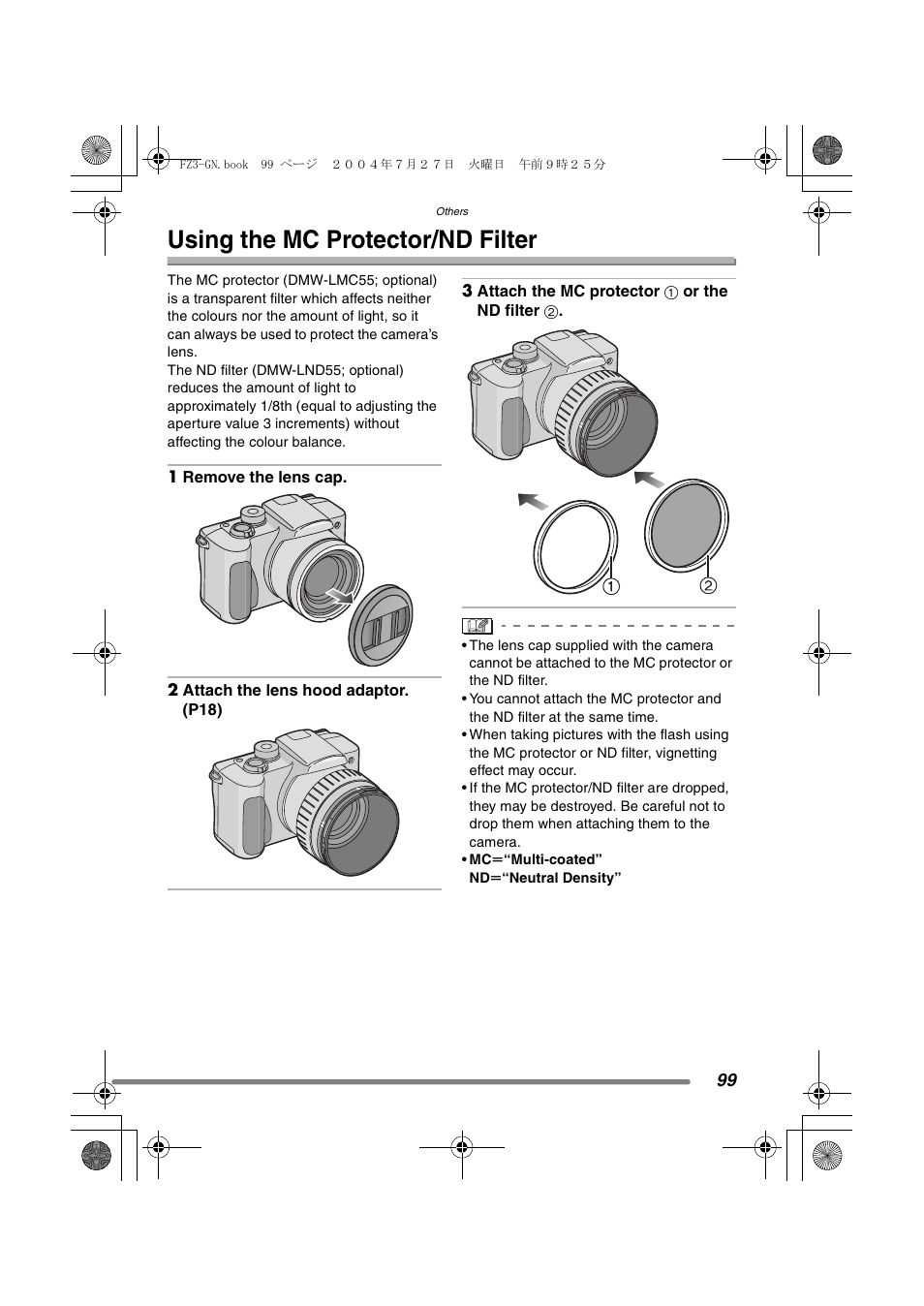 Using the mc protector/nd filter | Panasonic DMC-FZ3GN User Manual | Page 99 / 112