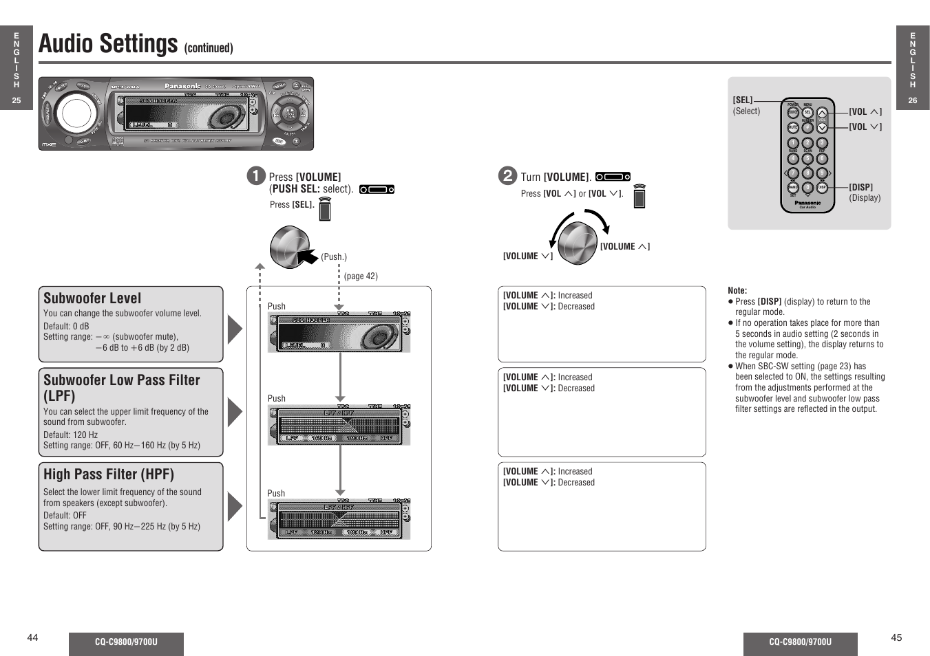 Audio settings, Subwoofer level, Subwoofer low pass filter (lpf) | High pass filter (hpf), Continued) | Panasonic C9700U User Manual | Page 17 / 33