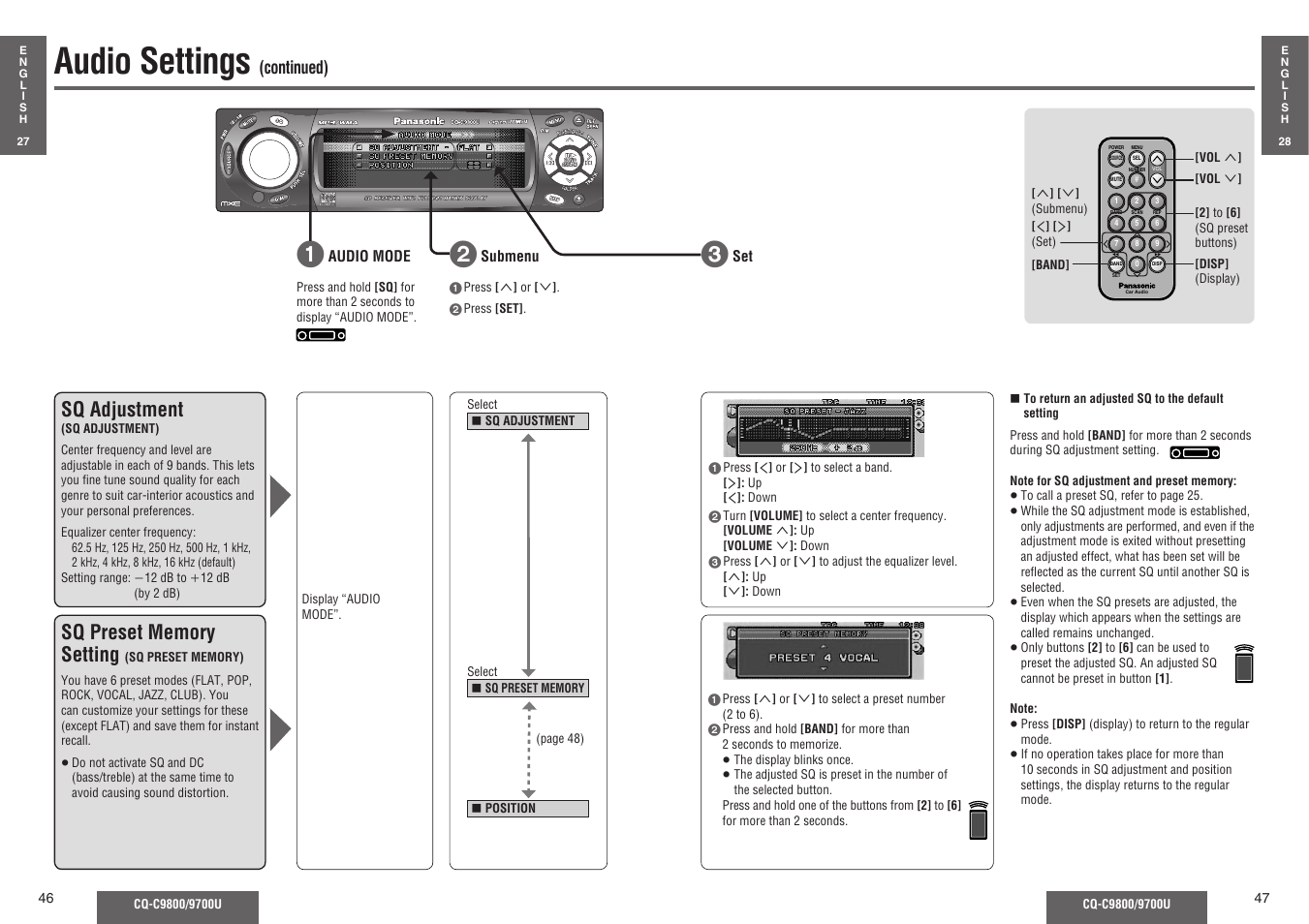 Audio settings, Sq adjustment, Continued) | Panasonic C9700U User Manual | Page 18 / 33