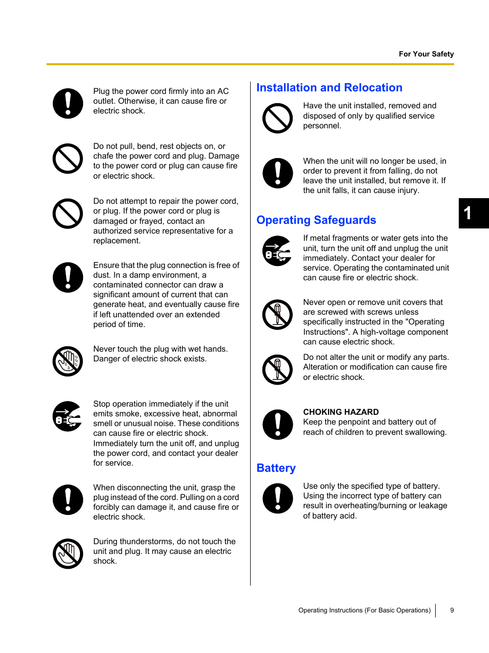 Installation and relocation, Operating safeguards, Battery | Panasonic UB-T761 User Manual | Page 9 / 64