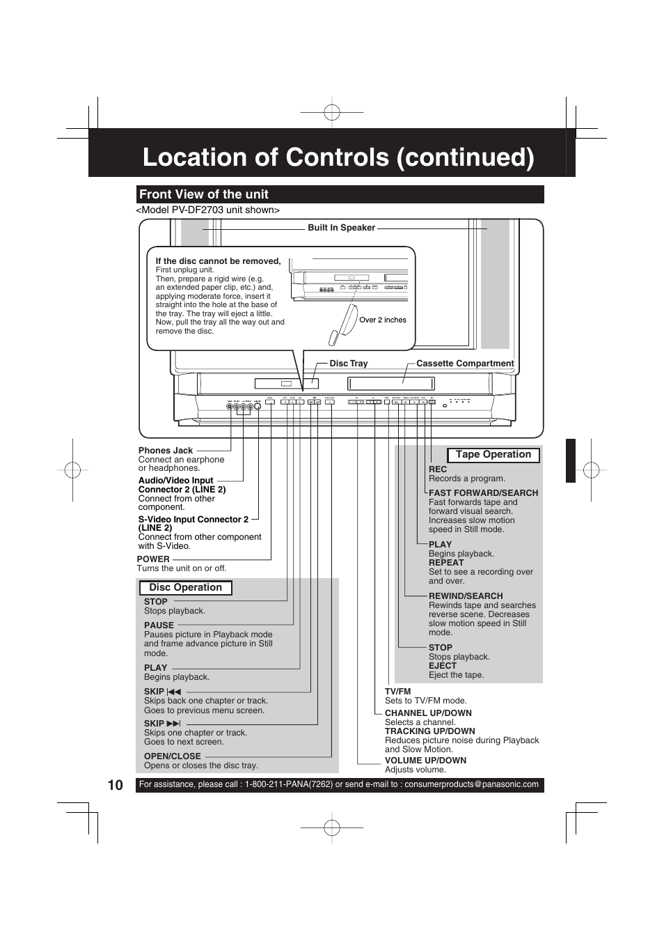 Location of controls (continued), Front view of the unit | Panasonic PV-DF2703 User Manual | Page 10 / 80