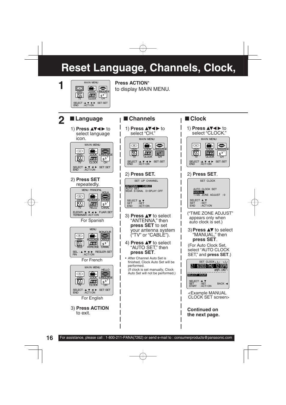 Reset language, channels, clock, time zone adjust, Reset language, channels, clock, Language ■ channels ■ clock | 3) press to select “manual,” then press set, Press action, Continued on the next page | Panasonic PV-DF2703 User Manual | Page 16 / 80