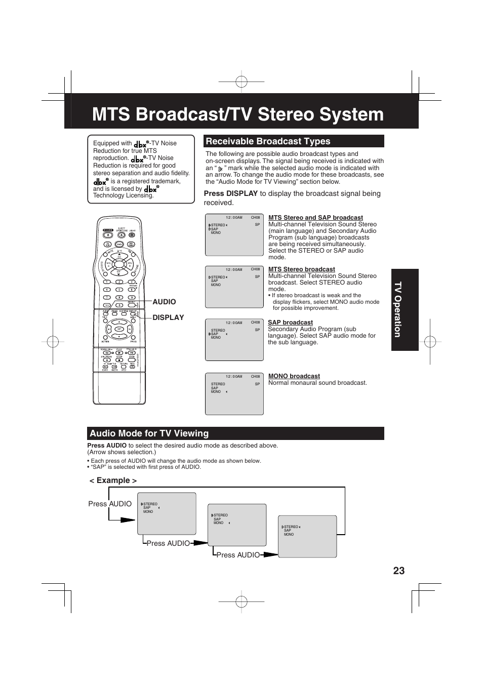Mts broadcast/tv stereo system, Receivable broadcast types, Audio mode for tv viewing | Tv operation, Example, Press audio, Audio display | Panasonic PV-DF2703 User Manual | Page 23 / 80