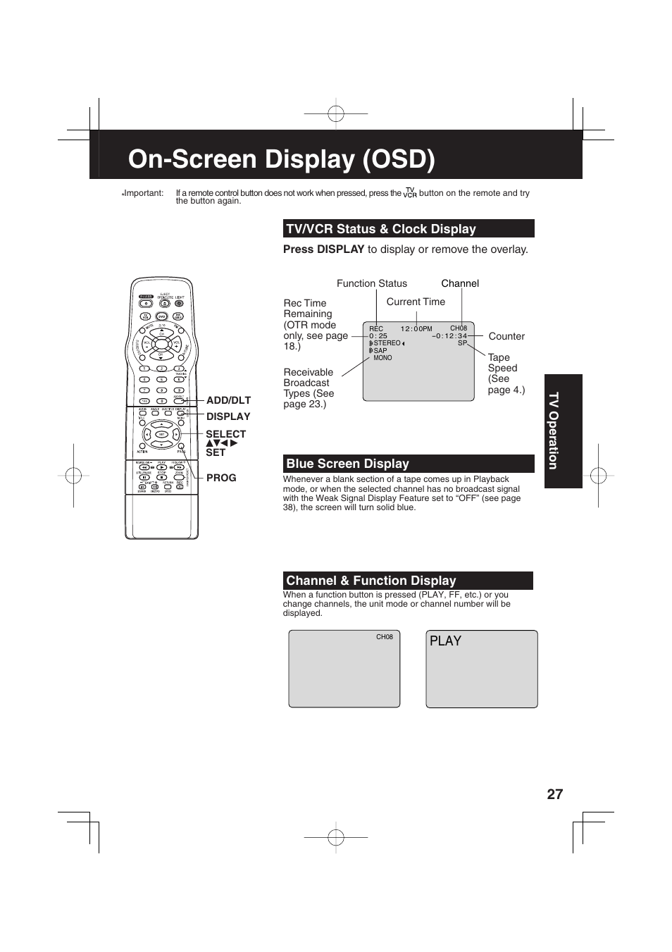 On-screen display (osd), Play, Tv/vcr status & clock display | Blue screen display, Channel & function display, Tv operation, Press display to display or remove the overlay | Panasonic PV-DF2703 User Manual | Page 27 / 80