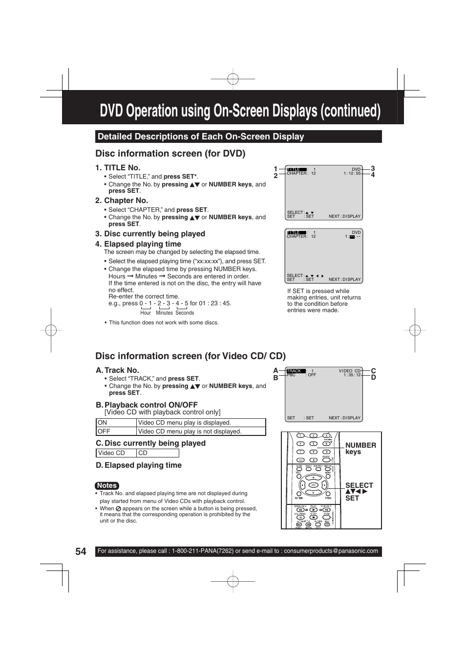 Dvd operation using on-screen displays (continued), Detailed descriptions of each on-screen display | Panasonic PV-DF2703 User Manual | Page 54 / 80
