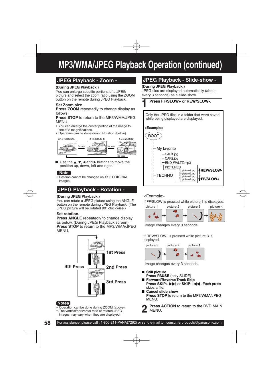 Mp3/wma/jpeg playback operation (continued), Jpeg playback - slide-show, Jpeg playback - zoom - jpeg playback - rotation | Panasonic PV-DF2703 User Manual | Page 58 / 80