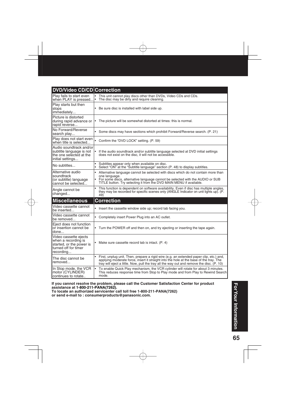 Dvd/video cd/cd correction, Miscellaneous correction, For y our inf ormation | Panasonic PV-DF2703 User Manual | Page 65 / 80