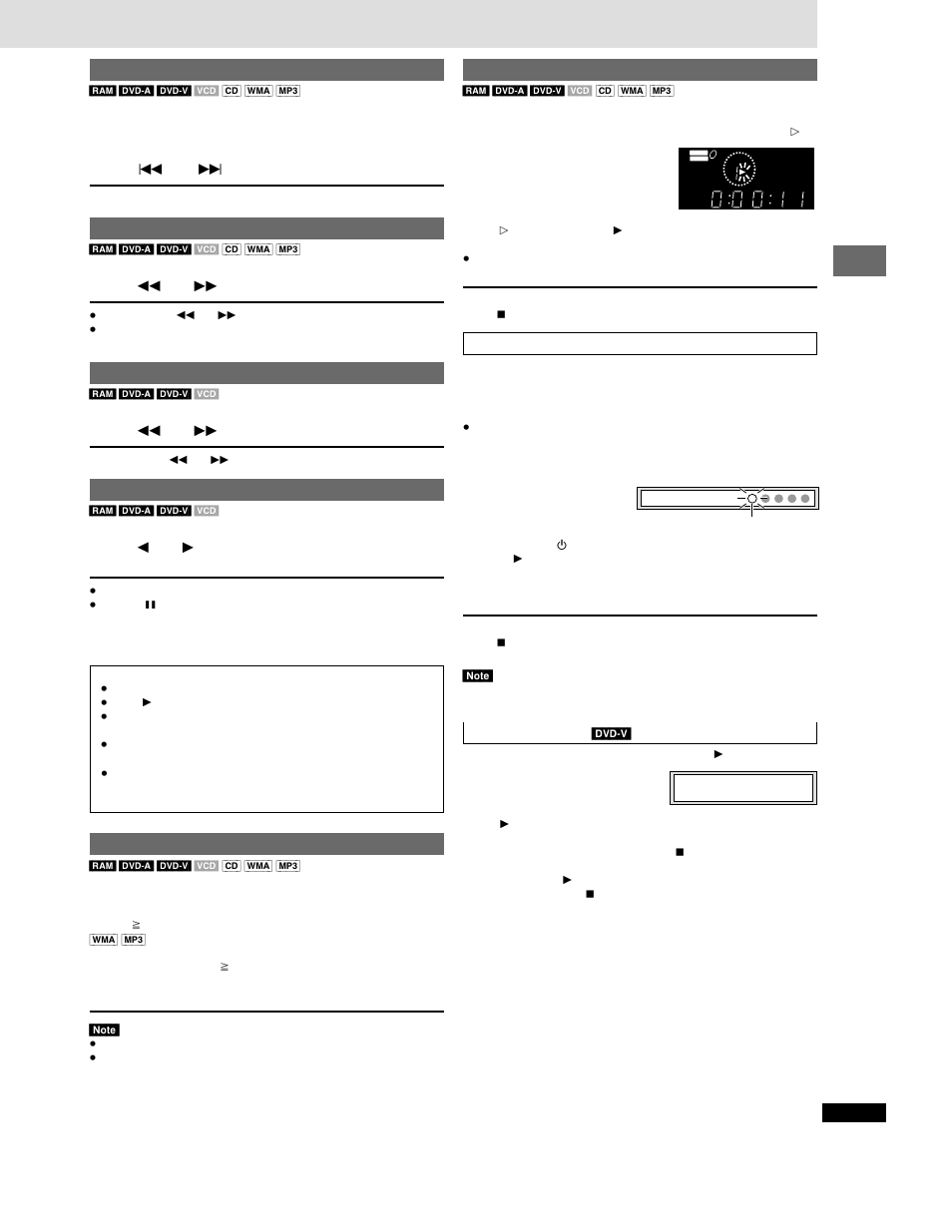 Basic operations 11 skipping items, Press [ : ] or [ 9, Fast forward and rewind—search | Press [ 6 ] or [ 5, Slow-motion play, Frame-by-frame viewing, Press [ 2 ] or [ 1, Starting play from a selected item, Press the numbered buttons to select the item, Resume function | Panasonic DVD-CP72 User Manual | Page 11 / 28