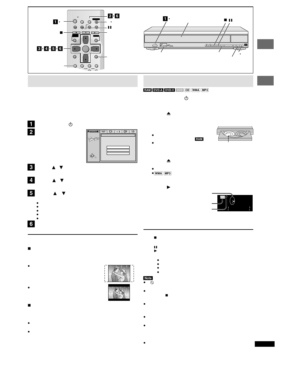 Quick setup, Basic operations, Basic play | Getting started basic operations, Press [power í ] to turn on the unit, Press [ < ] to open the drawer, Place the disc(s) on the disc tray(s), Press [ < ] to close the drawer, Press [ 1 ] (play), Press [setup] to show the quick setup screen | Panasonic DVD-CP72 User Manual | Page 9 / 28