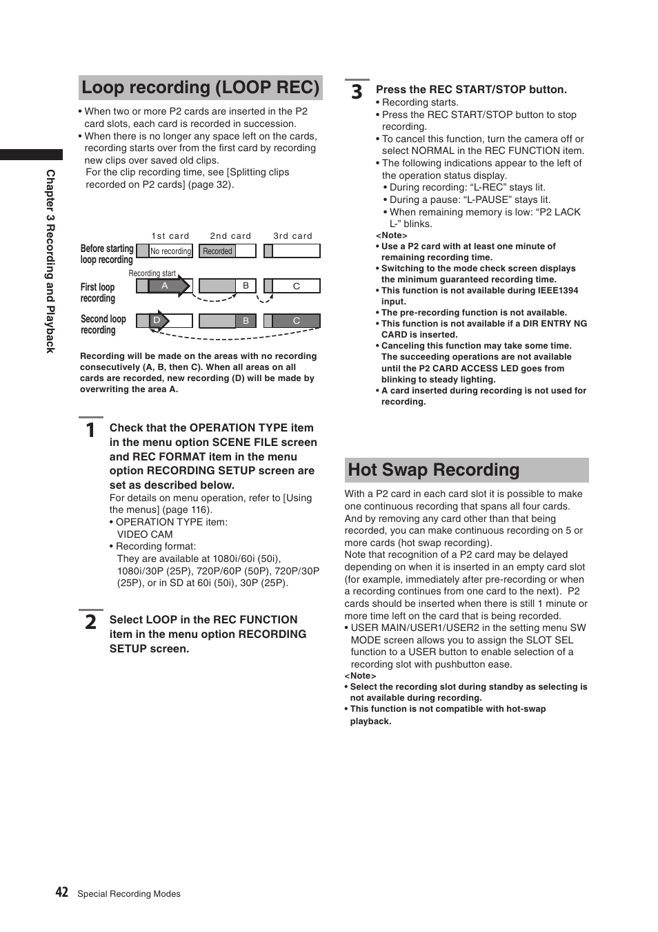 Loop recording (loop rec), Hot swap recording | Panasonic AG-HPX500E User Manual | Page 42 / 152