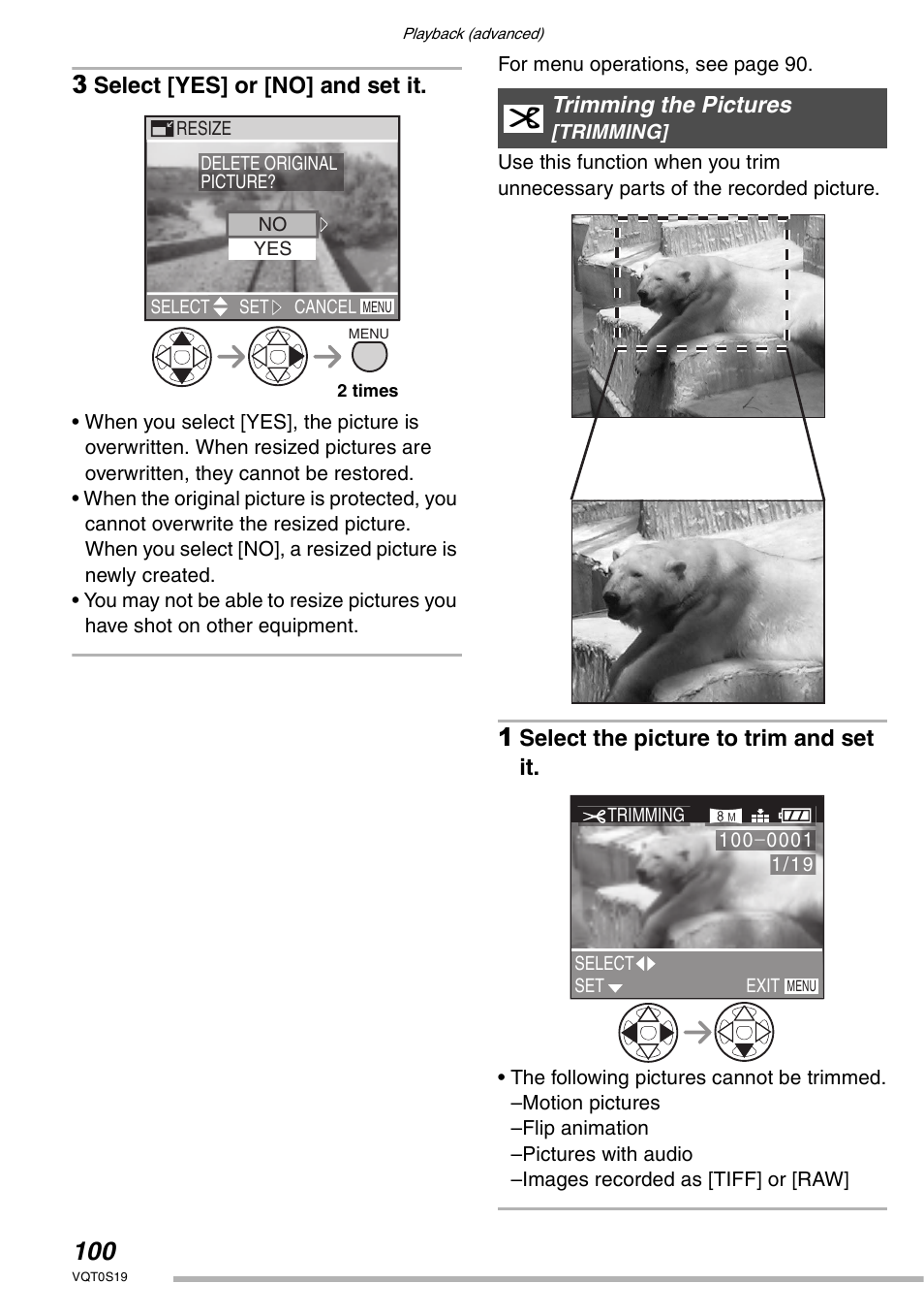 Select [yes] or [no] and set it, Select the picture to trim and set it, Trimming the pictures | Panasonic DMC-LX1PP User Manual | Page 100 / 136