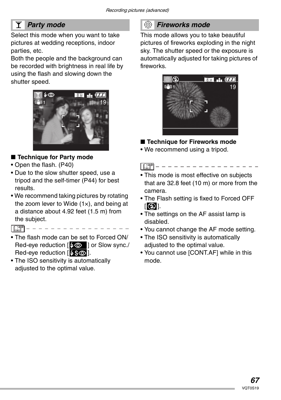 Party mode, Fireworks mode | Panasonic DMC-LX1PP User Manual | Page 67 / 136