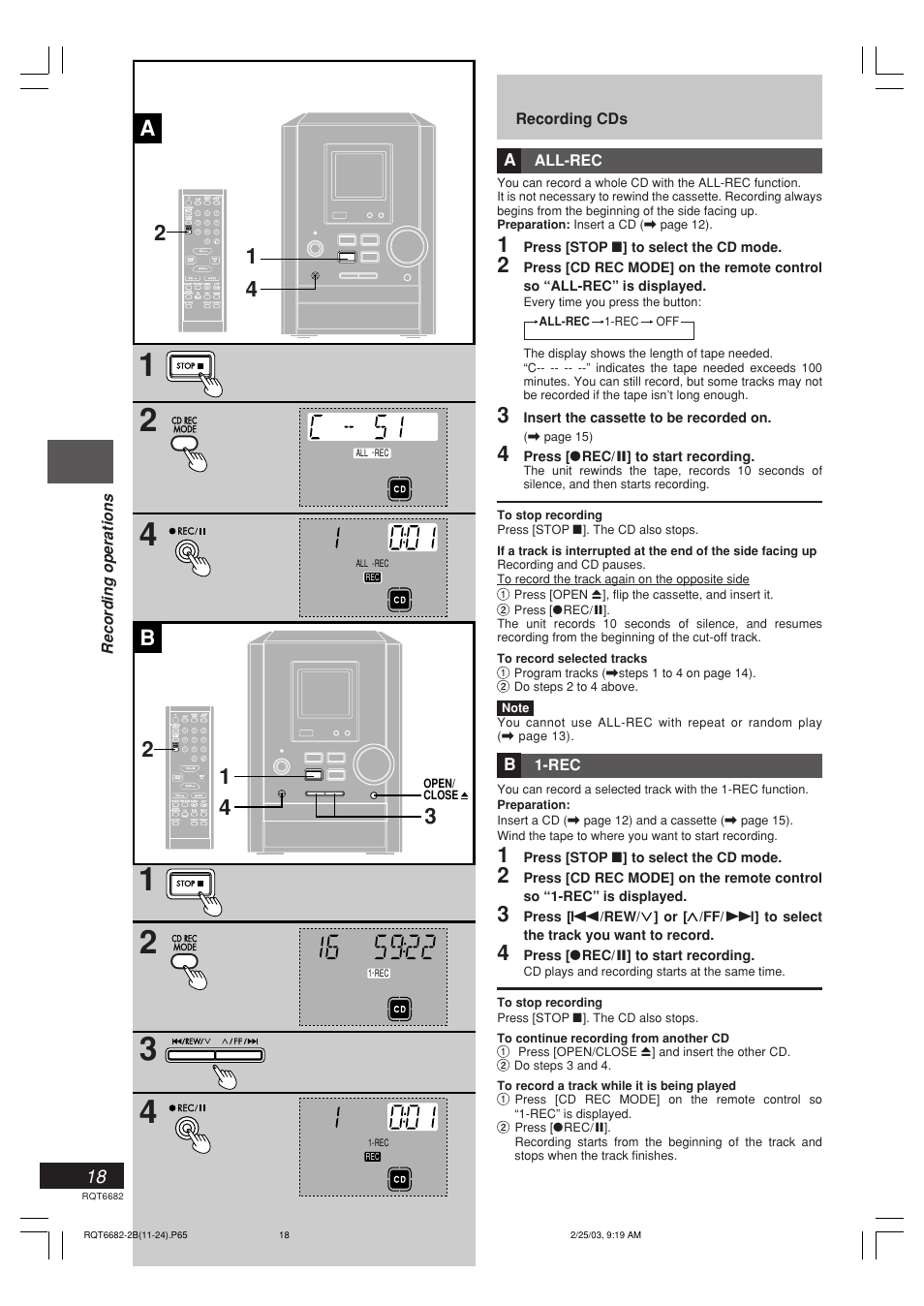 Listening operations recording cds, All-rec, Recording operations | Press [stop l ] to select the cd mode, Insert the cassette to be recorded on, Press [ [ rec/ j ] to start recording, Page 15), Open/ close | Panasonic SC-PM10 User Manual | Page 18 / 24