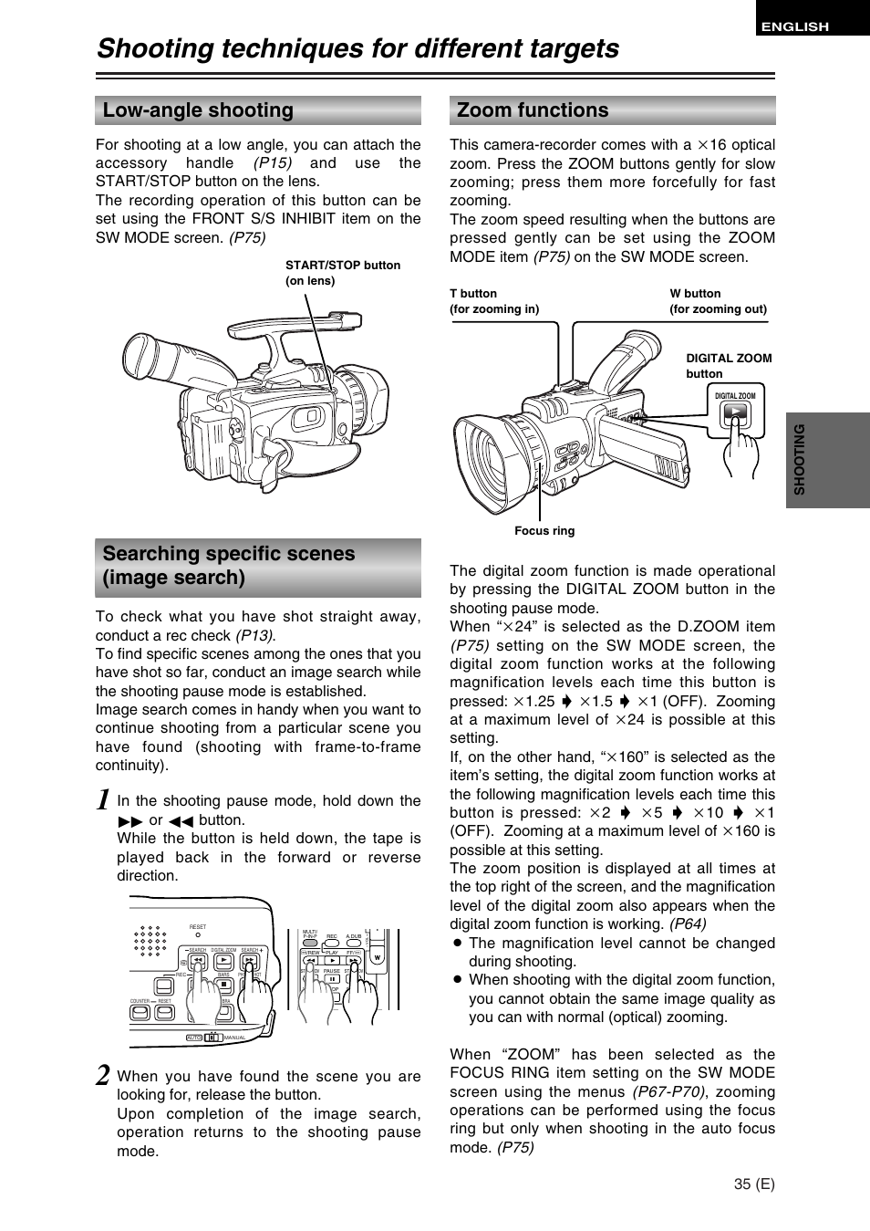 Shooting techniques for different targets, Low-angle shooting, Zoom functions | Searching specific scenes (image search), 35 (e) | Panasonic AG-DVC30 User Manual | Page 35 / 88
