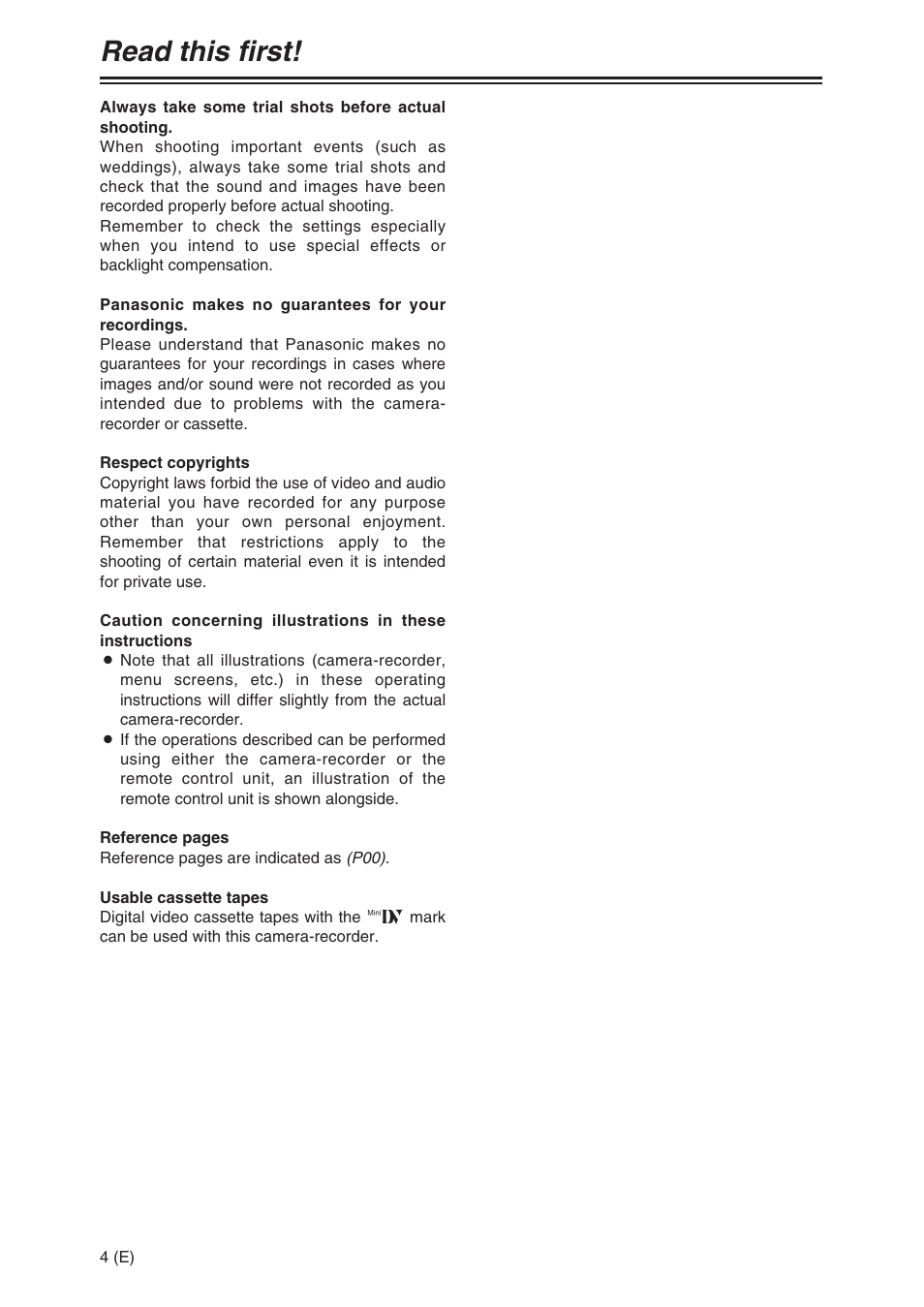 Read this first | Panasonic AG-DVC30 User Manual | Page 4 / 88
