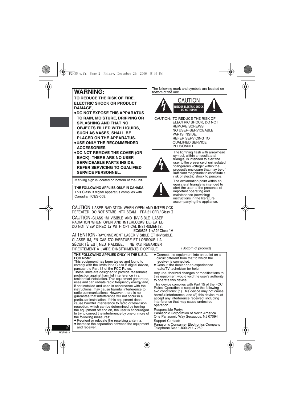Warning, Caution | Panasonic DVD-LS80 User Manual | Page 2 / 36