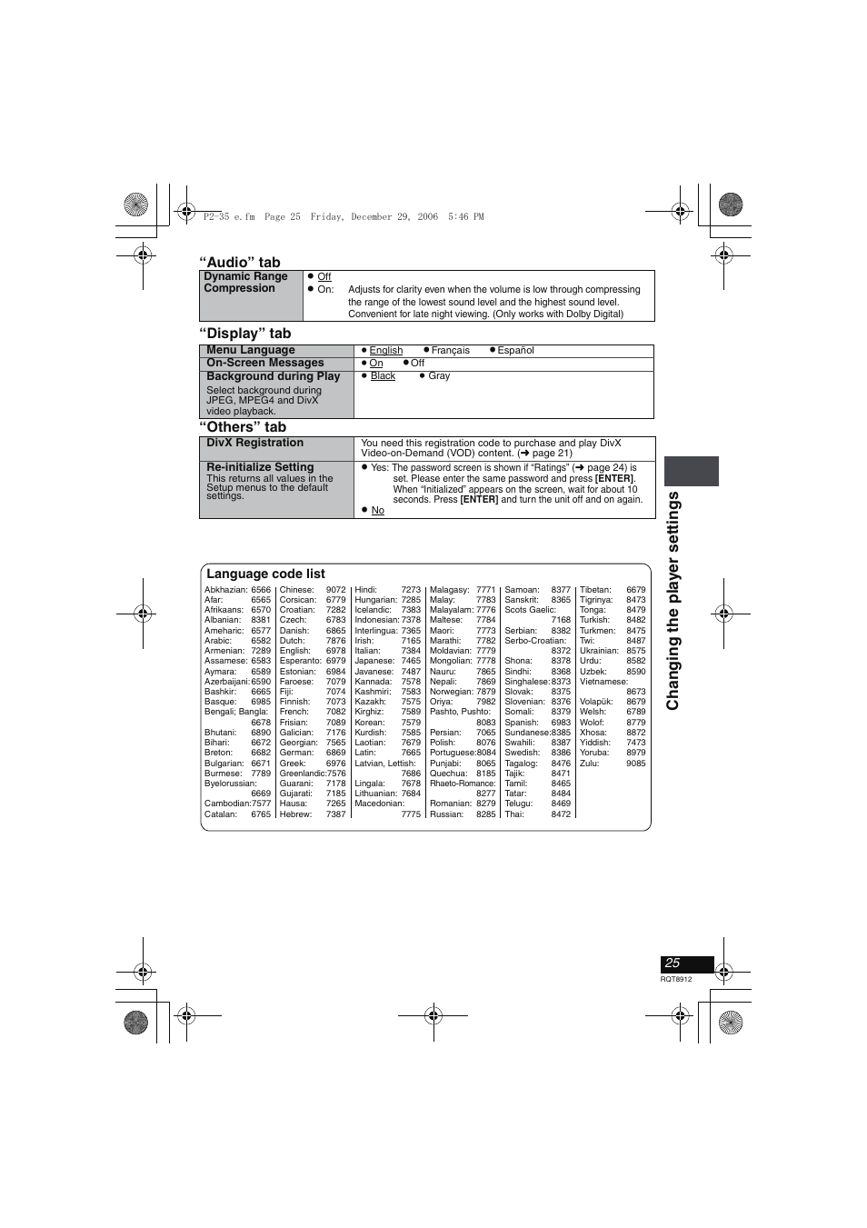 Cha nging the pl a y er sett ing s, Audio” tab “display” tab “others” tab, Language code list | Panasonic DVD-LS80 User Manual | Page 25 / 36