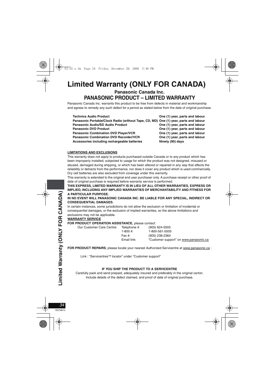 Limited warranty (only for canada), Panasonic product – limited warranty, Limit ed w a rr anty (onl y fo r cana d a ) | Panasonic DVD-LS80 User Manual | Page 34 / 36