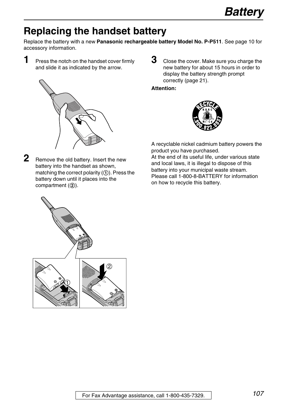 Battery, Replacing the handset battery | Panasonic KX-FPG372 User Manual | Page 107 / 132