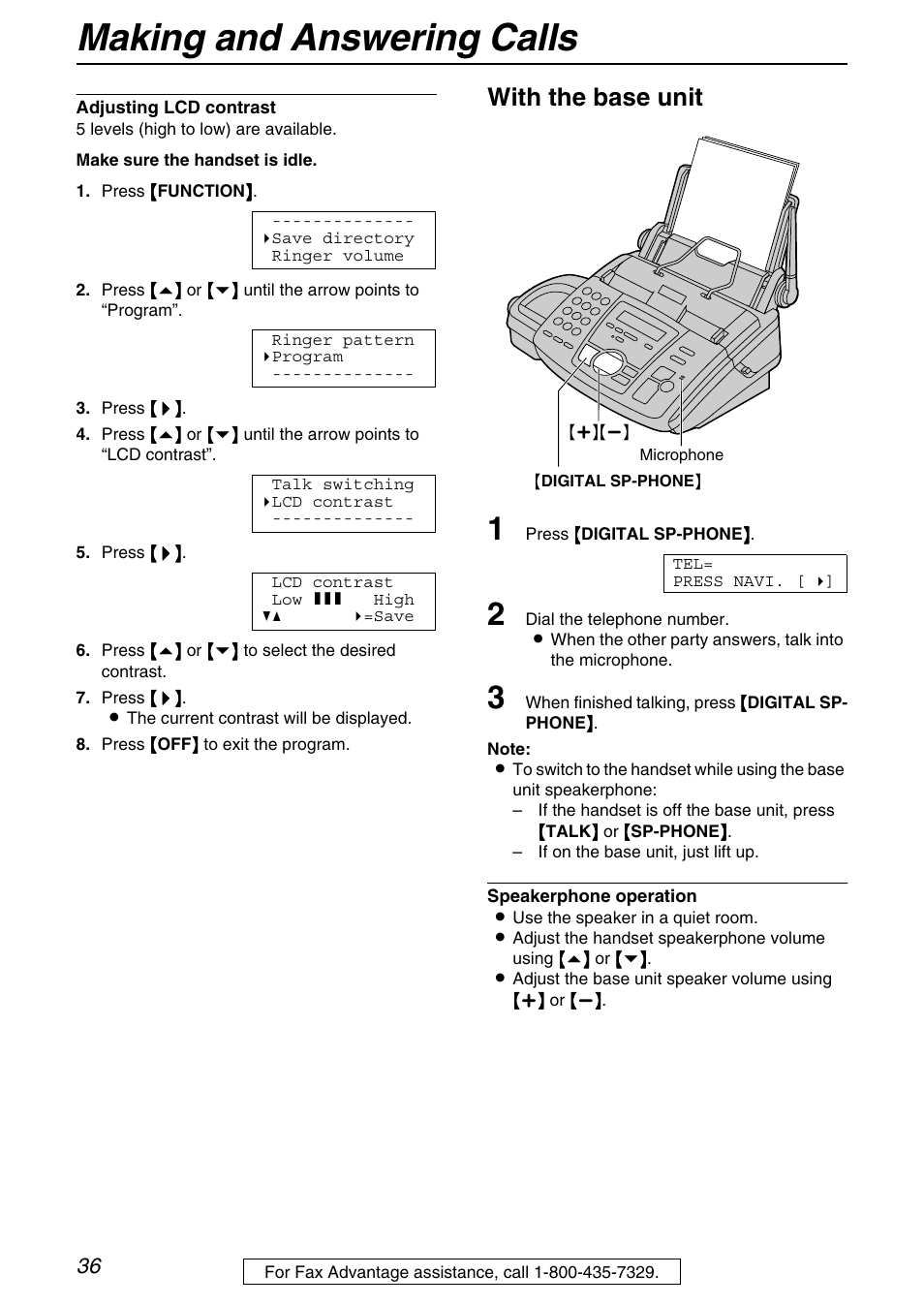 Making and answering calls, With the base unit | Panasonic KX-FPG372 User Manual | Page 36 / 132