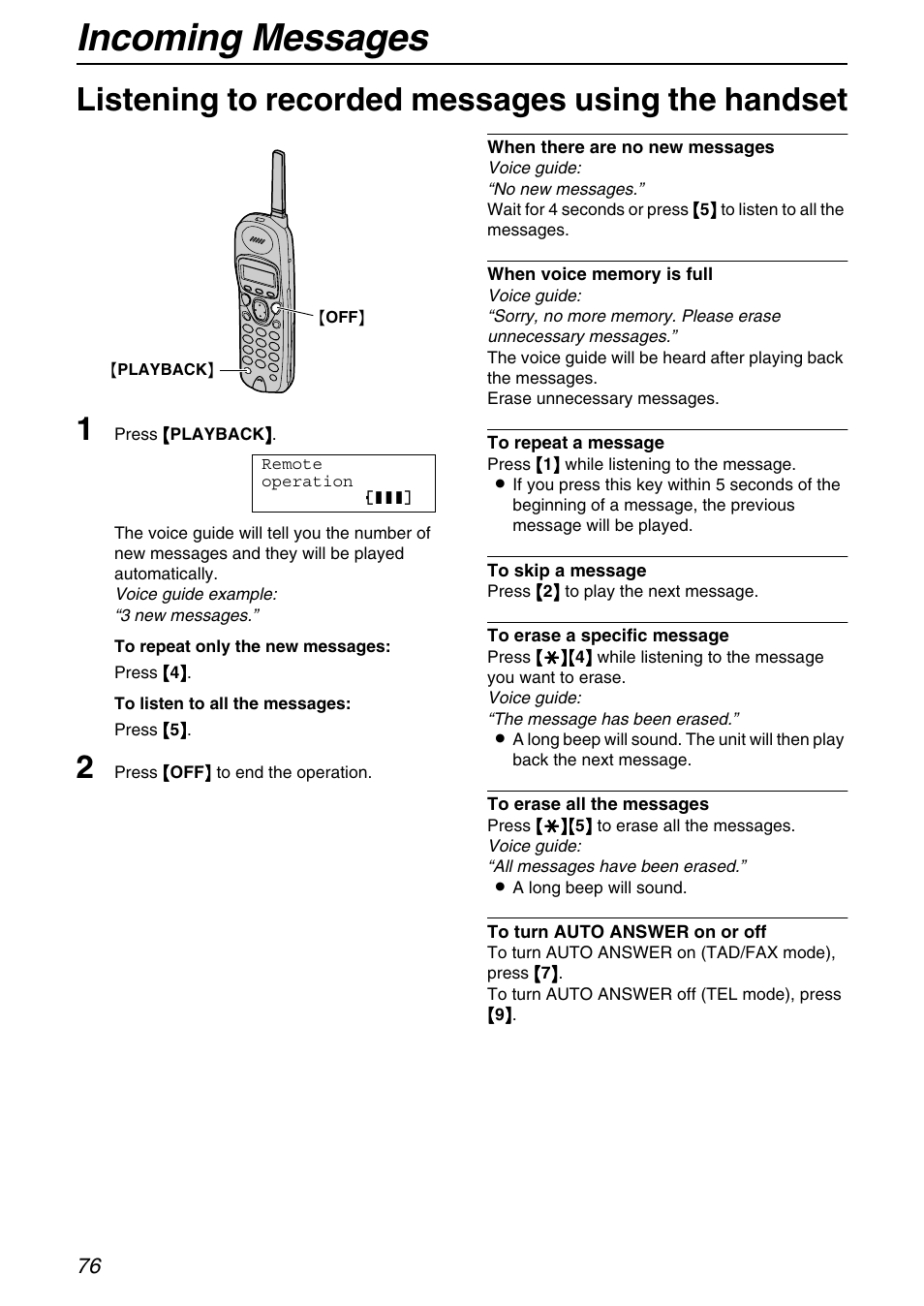 Incoming messages, Listening to recorded messages using the handset 1 | Panasonic KX-FPG372 User Manual | Page 76 / 132