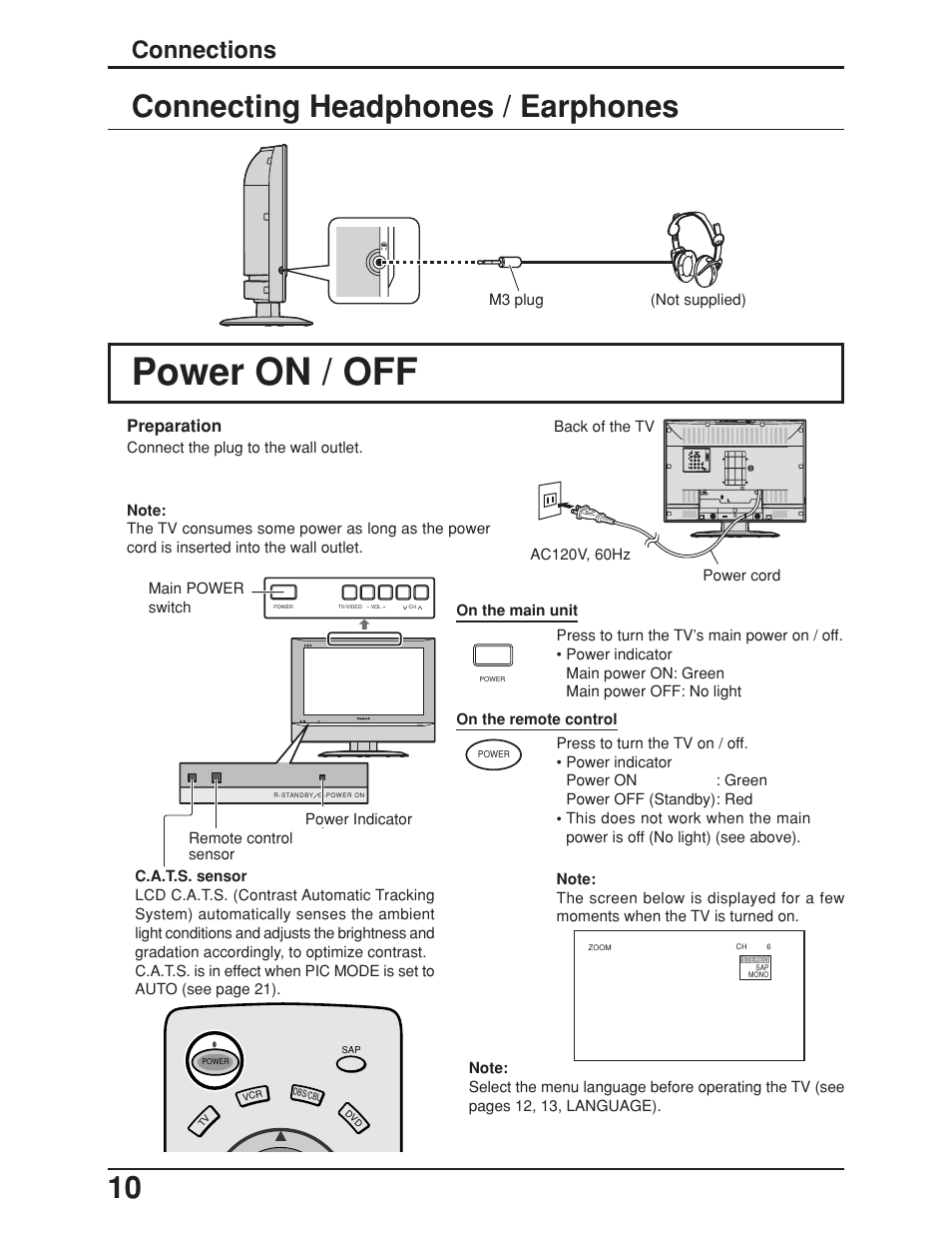 Parts & controls, Tv - front / top, Operation | Power on / off, Connecting headphones / earphones, Connections, Preparation | Panasonic TC-19LE50 User Manual | Page 10 / 49