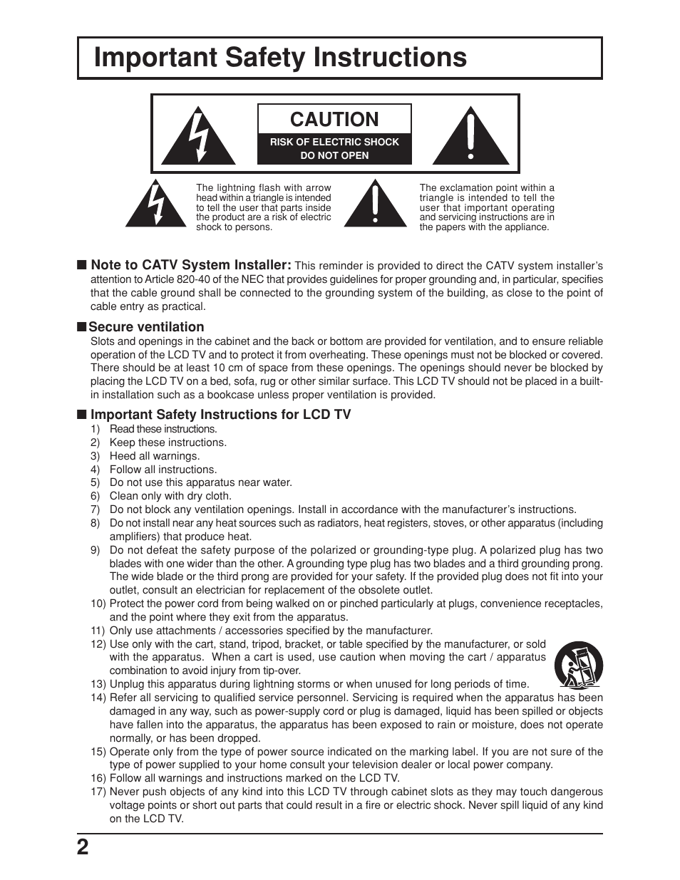 Important safety instructions, Caution | Panasonic TC-19LE50 User Manual | Page 2 / 49