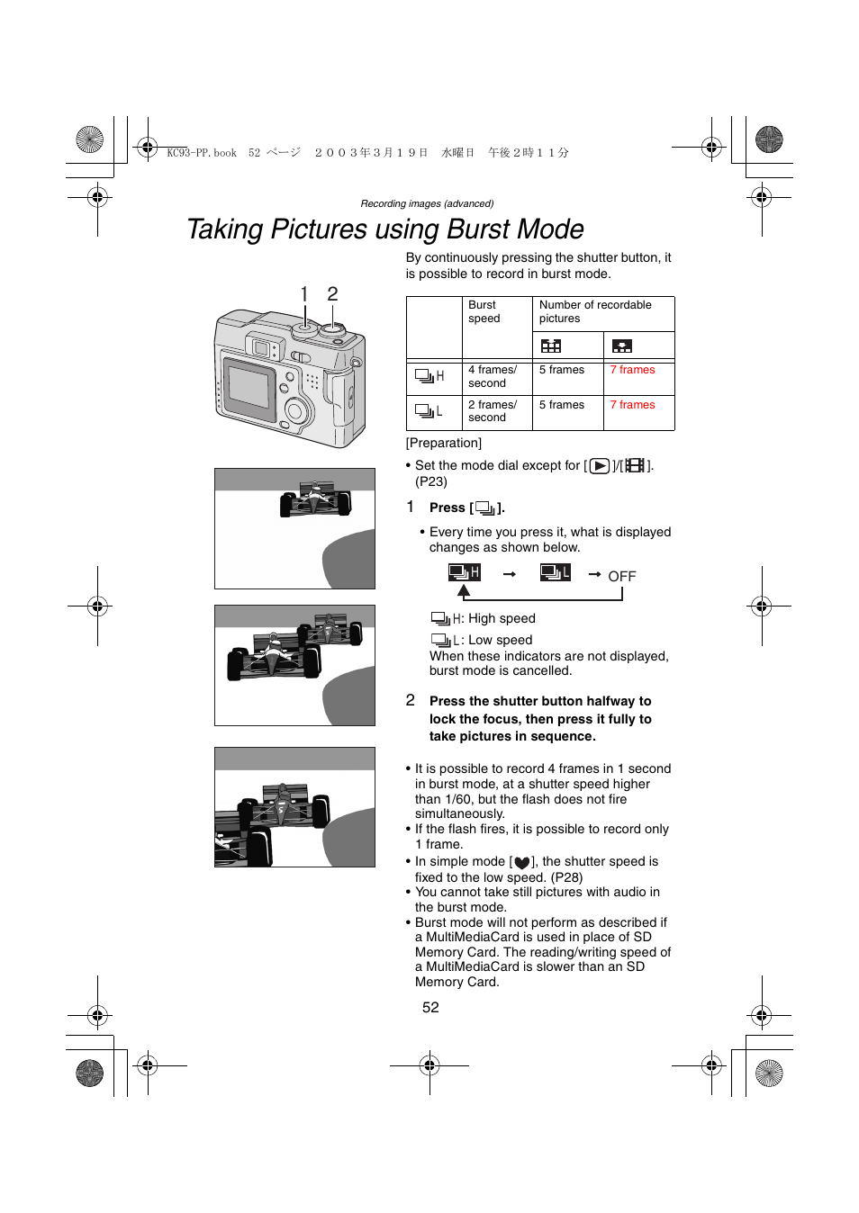 Taking pictures using burst mode | Panasonic DMC-LC43PP User Manual | Page 52 / 104