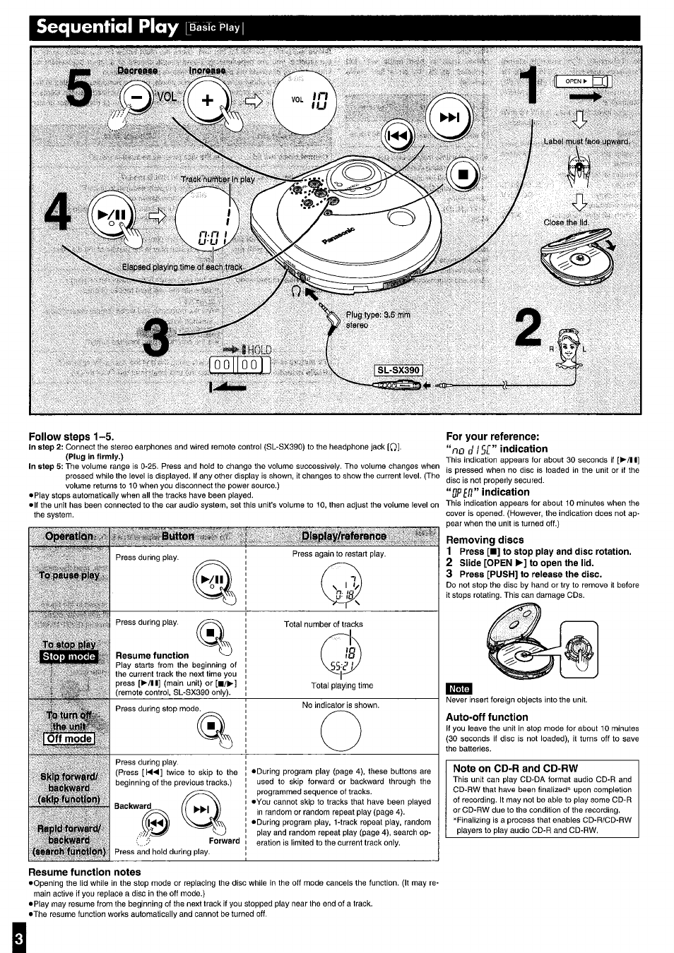 Follow steps 1-5, To pause play, Skipforwafd/ backward (ekfp function) | Backward (search function), Resume function notes, For your reference, I/pfri” indication, Removing discs, Auto-off function, Note on cd-r and cd-rw | Panasonic SL-SX340 User Manual | Page 3 / 6