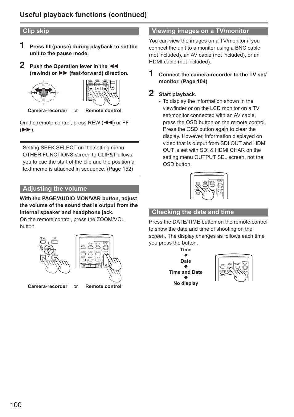 Useful playback functions (continued), Clip skip, Adjusting the volume | Viewing images on a tv/monitor, Checking the date and time, Camera-recorder or remote control, Time, Date, Time and date, No display | Panasonic AG-HPX250EN User Manual | Page 100 / 170