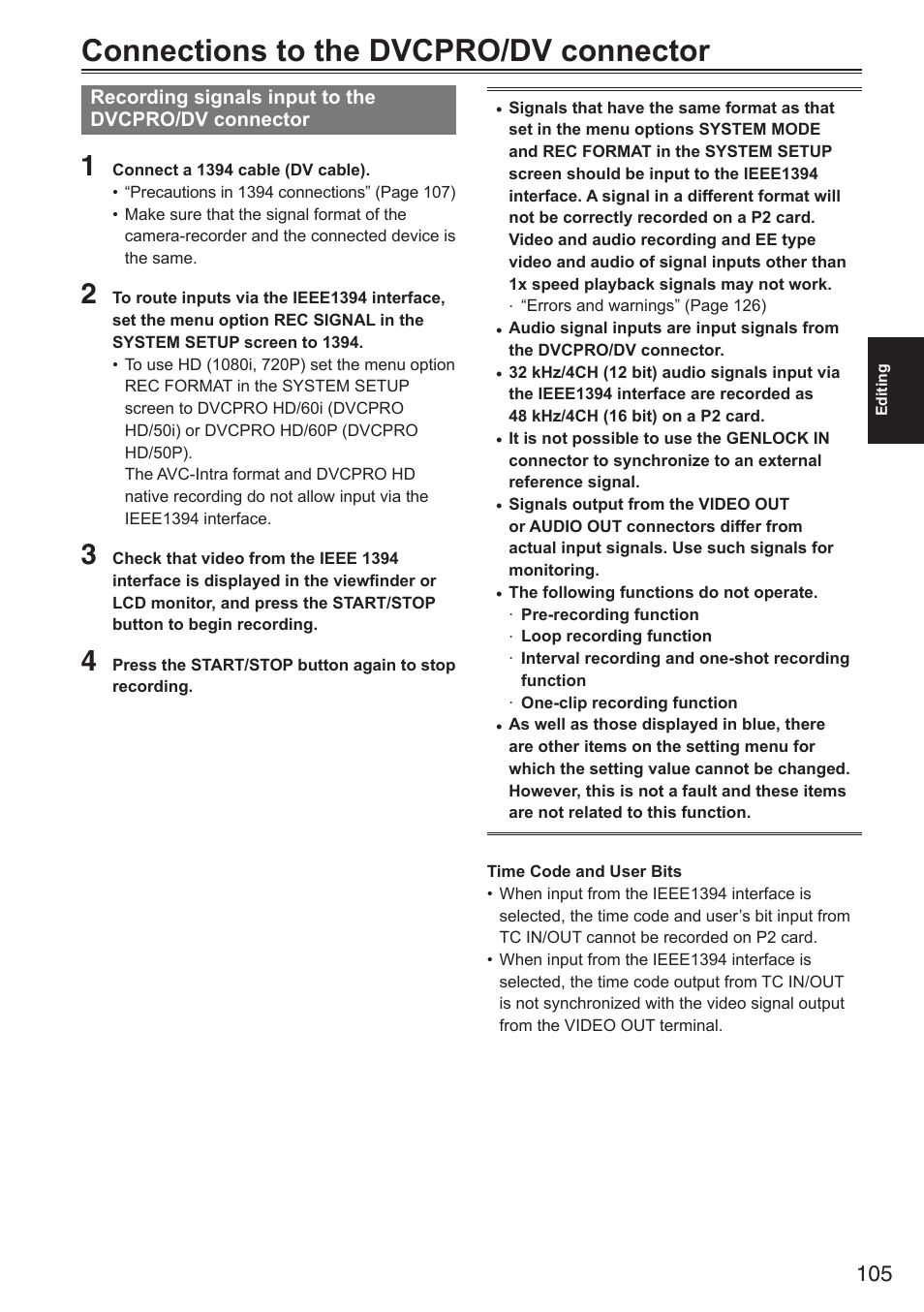 Connections to the dvcpro/dv connector | Panasonic AG-HPX250EN User Manual | Page 105 / 170