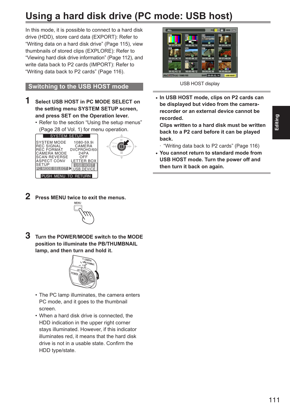 Using a hard disk drive (pc mode: usb host), Switching to the usb host mode | Panasonic AG-HPX250EN User Manual | Page 111 / 170