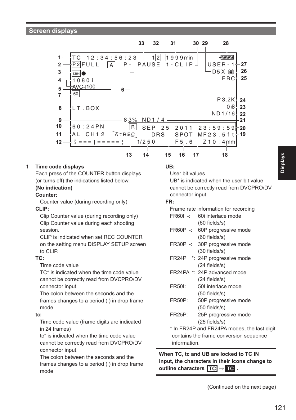 Screen displays | Panasonic AG-HPX250EN User Manual | Page 121 / 170
