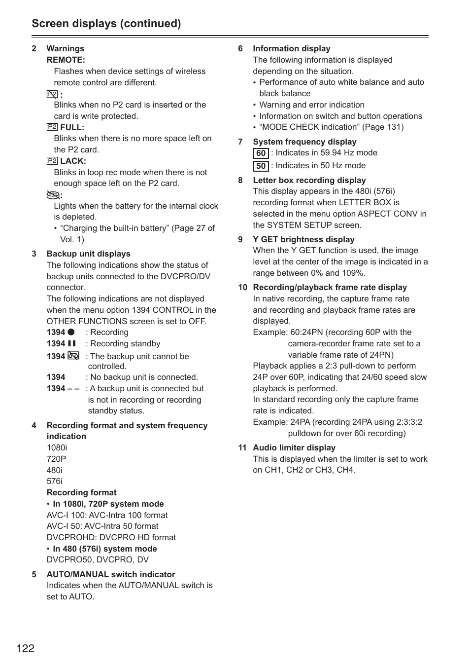 Screen displays (continued) | Panasonic AG-HPX250EN User Manual | Page 122 / 170