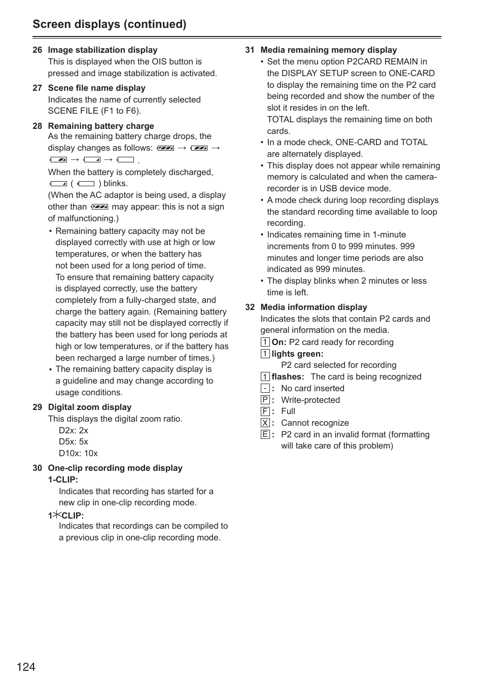 Screen displays (continued) | Panasonic AG-HPX250EN User Manual | Page 124 / 170