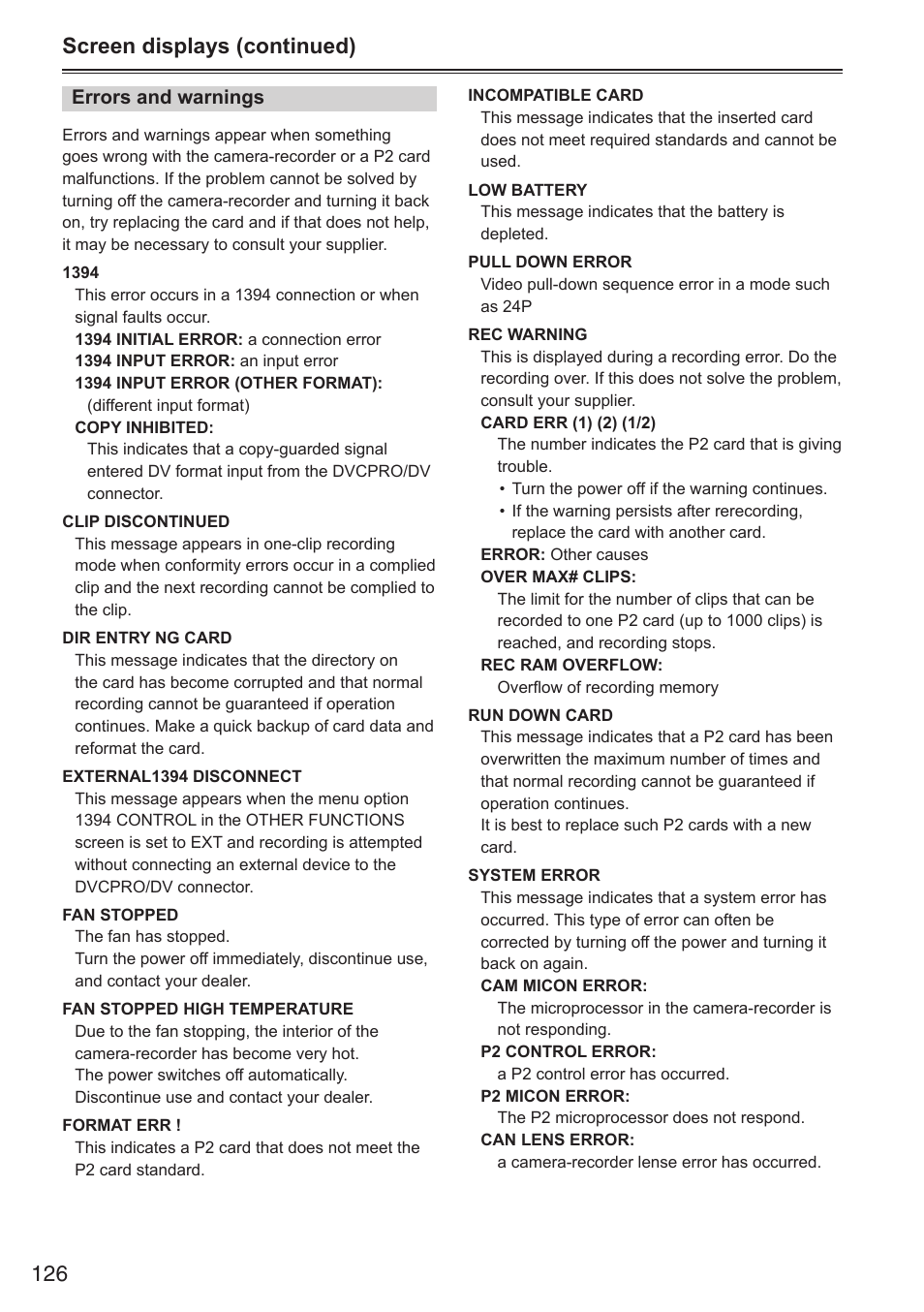 Screen displays (continued) | Panasonic AG-HPX250EN User Manual | Page 126 / 170