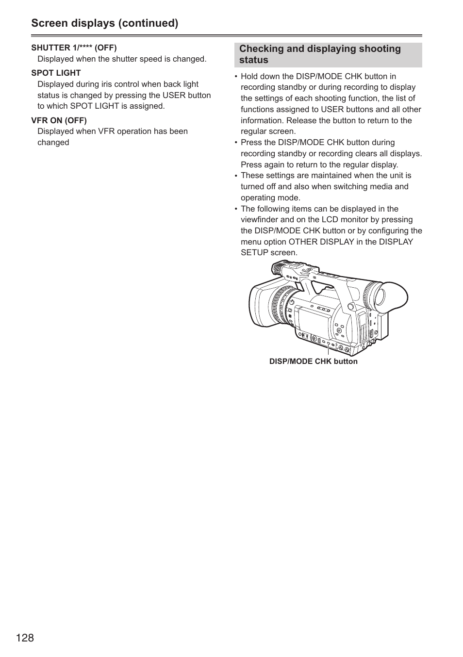 128 screen displays (continued) | Panasonic AG-HPX250EN User Manual | Page 128 / 170