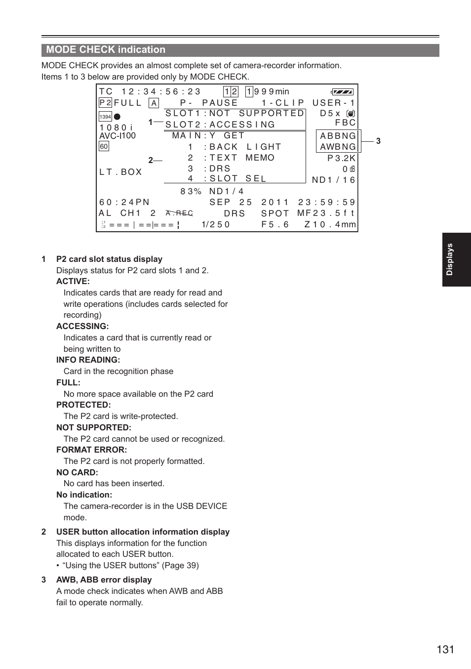 Mode check indication | Panasonic AG-HPX250EN User Manual | Page 131 / 170