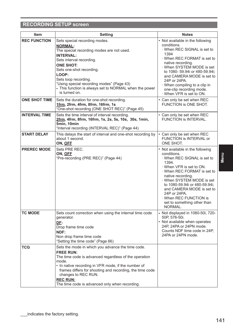 Recording setup screen | Panasonic AG-HPX250EN User Manual | Page 141 / 170