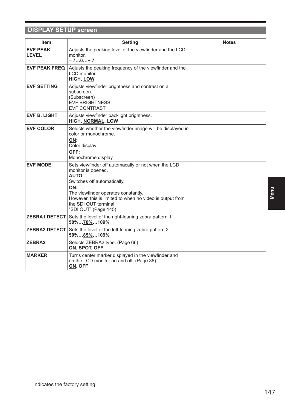 Display setup screen | Panasonic AG-HPX250EN User Manual | Page 147 / 170