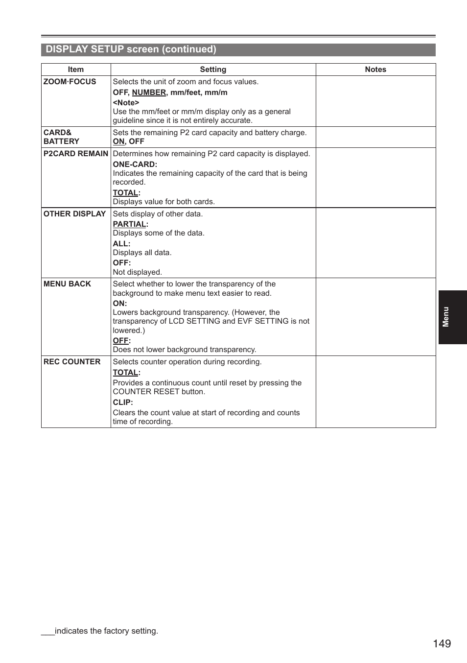 Display setup screen (continued) | Panasonic AG-HPX250EN User Manual | Page 149 / 170