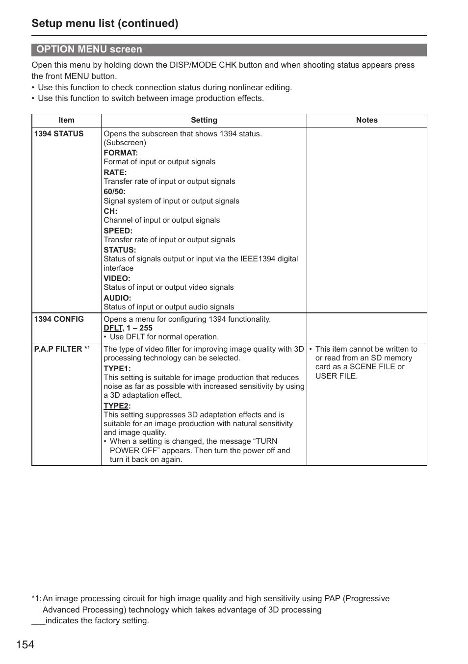 Setup menu list (continued), Option menu screen | Panasonic AG-HPX250EN User Manual | Page 154 / 170