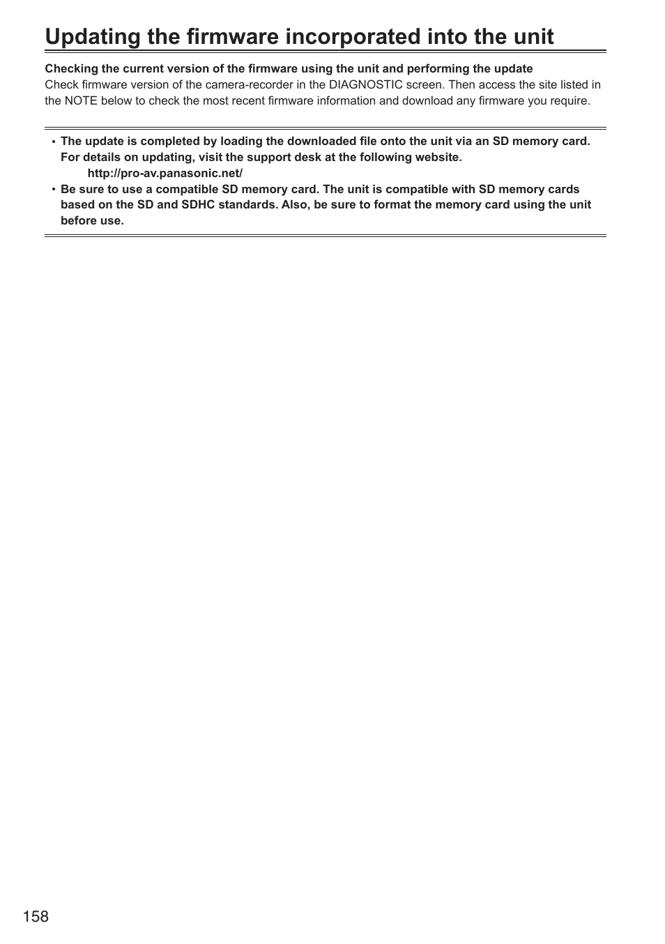 Updating the firmware incorporated into the unit | Panasonic AG-HPX250EN User Manual | Page 158 / 170